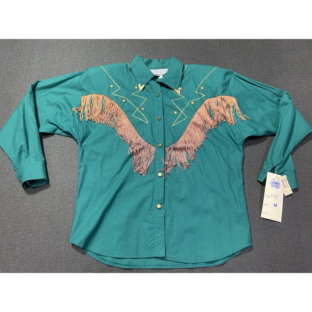 New Vintage Lilia Smitty Exclusive Western Shirt Womens M Green Gold Fringe USA